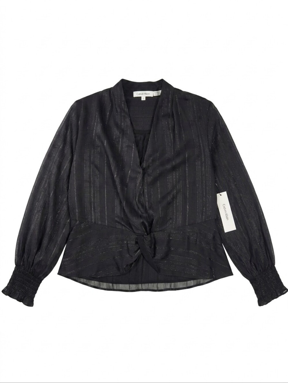 NWT Medium Calvin Klein Sheer Black Metallic Stripe V Neck Blouse Smocked Cuff